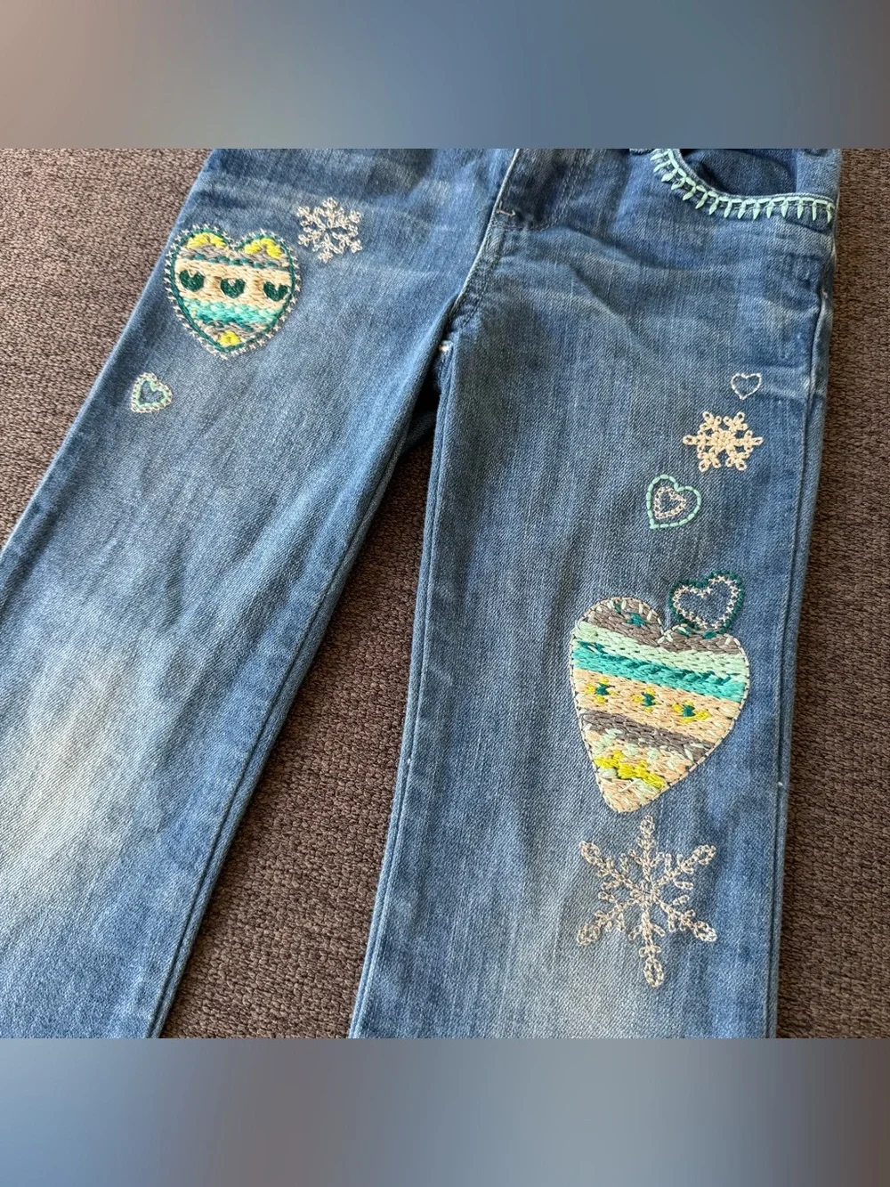 Gap Blue Denim Jeans Embroidered Heart  Ornaments Snowflake Holiday Christmas 5